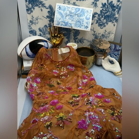 🆕 BRONX & BANCO🧿 NWOT Sicilia Coral Sequin Fluted Hem Maxi Dress, Sz XS US2 - Picture 12 of 15